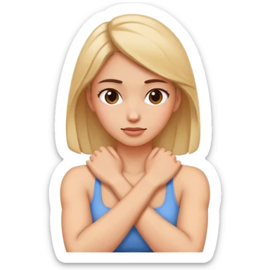 woman arms crossed grabbing neck sticker