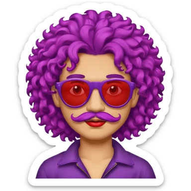 purple haired, curly big haired mexican boy with red sunglassess, vrey cool and lipstick and mstache sticker