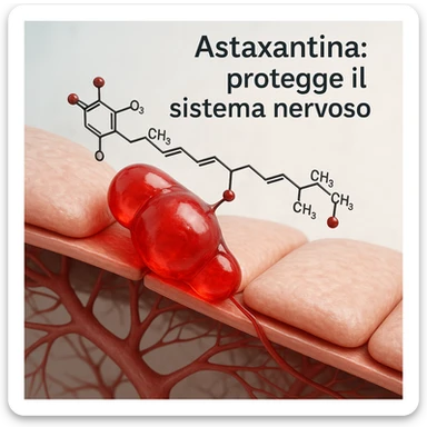hyper realistic red astaxanthin molecule highlighted crossing a stylized blood-brain barrier, clinical atmosphere, light background, with text 'Astaxantina: protegge il sistema nervoso' sticker