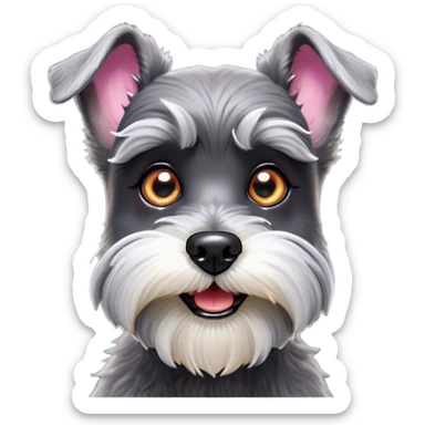 Cinematic Comical Miniature Schnauzer Portrait Emoji, Head tilted dramatically with a comically shocked expression and large, animated eyes, featuring a sharply defined salt-and-pepper fur with exaggerated, humorous eyebrows, simplified yet hilariously detailed, glowing with a bold, playful radiance, high shine, exuding a spirited and cheeky charm, styled with a soft glowing outline, capturing the essence of a Miniature Schnauzer that appears ready to dash into a burst of comic energy! sticker