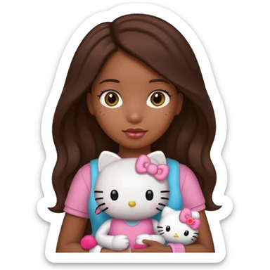 black girl with long brown hair, holding a hello kitty plushie  sticker