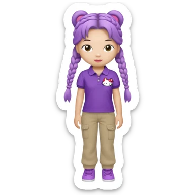 hello kitty wearing purple polo shirt and kyaki pants with long fishtail braids baddie with 2025 efect sticker