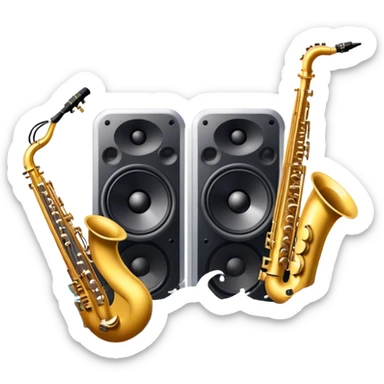 Icon for R&B Music Listening: large concert speakers and headphones with waves of musical notes coming out, along with drums, bass guitar and saxophone. The icon should convey the energetic and rhythmic vibe of R&B music. Transparent background sticker