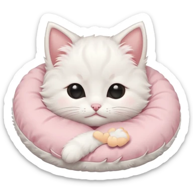 white fluffy kitten, blushing, cuddling a pillow, eyes shut in > < shape sticker