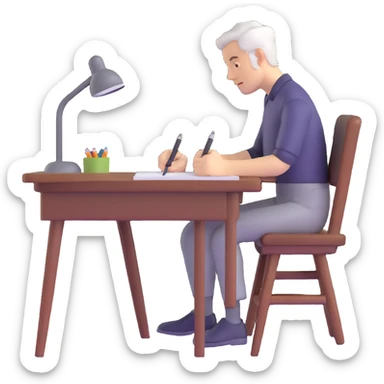 white man writing at a table sticker