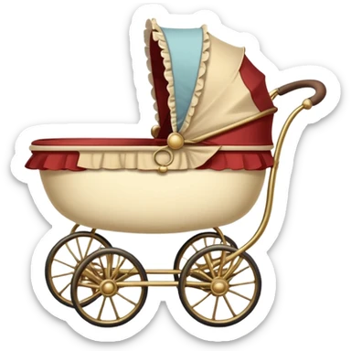 An antique baby stoller with bis wire wheels and a ruffeled bonnet sticker