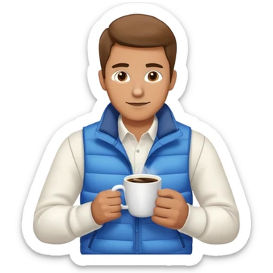 man wearing long sleeve white shirt with blue puffy winter vest holding a cup of coffee in front of him sticker