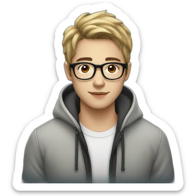 A beautiful student young man with black, medium hair and white skin, wearing round glasses and jacket sticker