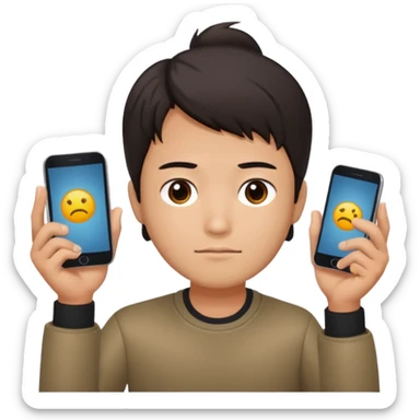 a chinese holding 1 smartphone with both hands in landscape mode(horizontally) on top of his forehead sticker