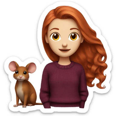 redhead girl with long hair and Dyson styling in a burgundy sweater and a rat on her shoulder sticker