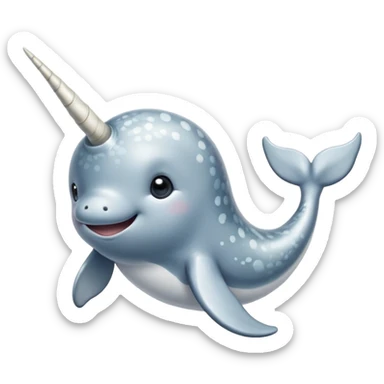 Cinematic Noble Cute Narwhal Portrait Emoji, Poised and graceful, with a streamlined, gently curved body clad in mottled, silvery-gray skin, accented by a long, spiraled ivory tusk and wide, expressive eyes radiating playful intelligence, Simplified yet sharp and sophisticated features, highly detailed, glowing with a cool, frosted ocean glow, high shine, intelligent and enigmatic, stylized with an air of whimsical marine majesty, focused and graceful, soft glowing outline, capturing the essence of a watchful and confident cute narwhal that appears ready to glide out of the screen with effortless charm! sticker