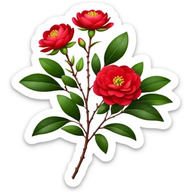 bouquet Red Camellia, luxuriant, stem, leaf, bud sticker