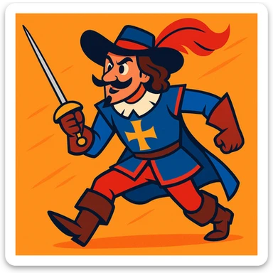 musketeer, vibrant cartoon style, bold colors, dynamic pose sticker
