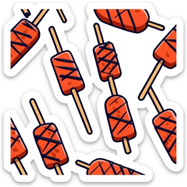 Skewers of grilled marinated beef for Vietnamese Bún Thịt Nướng, showing the meat being grilled on wooden skewers sticker