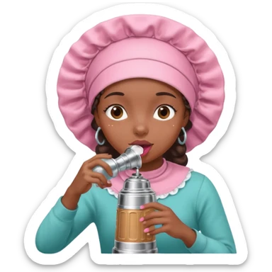 Black girl wearing a bonnet rolling her eyes while drinking out a Stanley  sticker