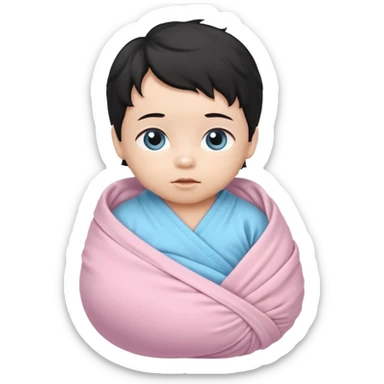 a  asian newborn baby with black wavy hair and blue eyes wrapped in a light pink swaddle sticker