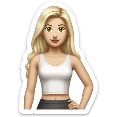 hyperrealist caucasian long straight blonde hair dark brown eyes sexy woman white crop tank top gray tight mini skirt black high heel shoes full body sticker