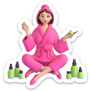 girly girl in pink robe sitting with makeup, perfume, and matcha sticker
