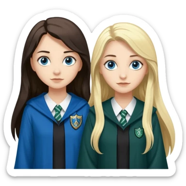 a pretty ravenclaw girl with long dark brown hair and blue eyes standing with a hot Slytherin girl with long blonde hair, blue eyes sticker