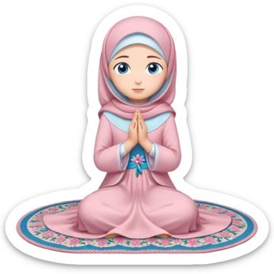 Turkish beautiful finish Konya girl blue eyes with powder pink color. flower hijab long tail dress and sits on the pray mat namaz on the ground with dua  sticker