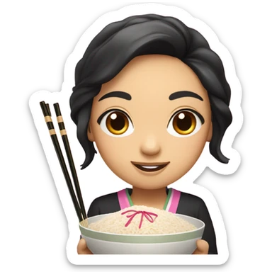 Asian girl with small eyes and black long hair with pink highlights smiles while holding rice bowl and chopsticks sticker