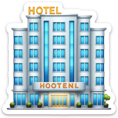 multi-story hotel building with many windows and glowing entrance sign sticker