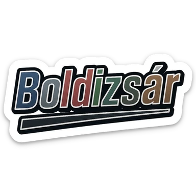 Text image of the name 'Boldizsár' in a masculine, modern, gradient font with precise Hungarian characters, dark contour, extra thick, prominent white letter outline as in reference images, dynamic slanted underline, masculine color shades including blue, gray, burgundy, green, and brown, 1000x1000 px, PNG, transparent background. sticker