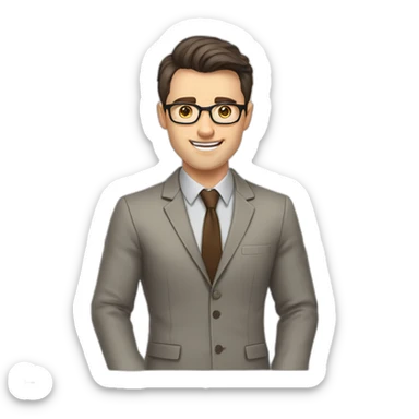 Pale skinned fit man teacher with dark brown hair in gray jacket, beige office shirt, brown tie, brown pants and vintage glasses Draws on the marker board sticker