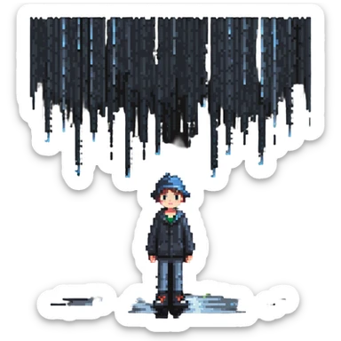 Boy standing alone in the rain, raindrops falling sticker