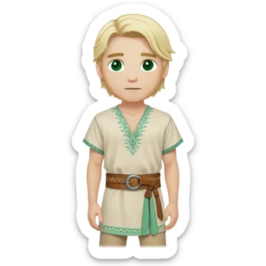Medieval summer outfit worn by a DnD themed fantasy male character. Light cotton tunic in natural cream color with short sleeves, embroidered with simple floral patterns at the hem, paired with a thin leather belt. Clothes only above the waist, full waist coverage. The character has no arms. Character is white-skinned with sun-bleached blonde hair in shoulder-length layers, partially tied back with a leather cord, sea-green eyes, and defined cheekbones. sticker