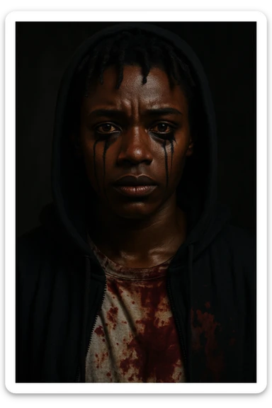 A dark-skinned individual with short dreads, black mascara running from brown eyes, wearing a black hoodie and a shirt with blood on it. sticker