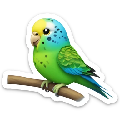 green budgie with yellow head and blue nose sticker