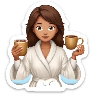 {
      "type": "human",
      "look": "fluffy robe woman, messy hair, holding cup of cocoa",
      "description": "a woman in a fluffy robe with messy hair, holding a cup of cocoa"
    } sticker