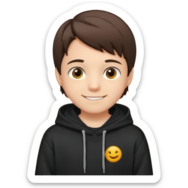A brunette boy, short straight hair, light brown eyes, with a black sweatshirt with a hoodie, and smile  sticker