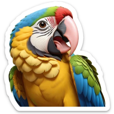Cinematic Cute Yawning Macaw Portrait Emoji, Head tilted slightly with a dramatic, wide-open yawn, showcasing resplendent feathers and sleepy, half-closed eyes brimming with relaxed elegance, Simplified yet irresistibly adorable features, highly detailed, glowing with a soft, cozy tropical glow, high shine, relaxed yet expressive, stylized with a hint of whimsical charm, soft glowing outline, capturing the essence of a drowsy yet affectionate macaw that appears ready to stretch out for a nap! sticker