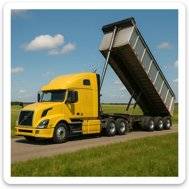 ultra-realistic Volvo yellow semi sleeper truck and silver end dump trailer, trailer tilted up as if dumping, driving left through a photorealistic countryside with grassy fields and blue sky sticker