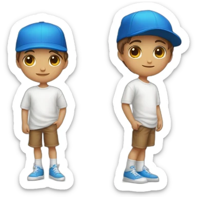 Niño con ojos azules, color castaño, piel blanca, con gorra blanca, vestimenta de sudadera sticker