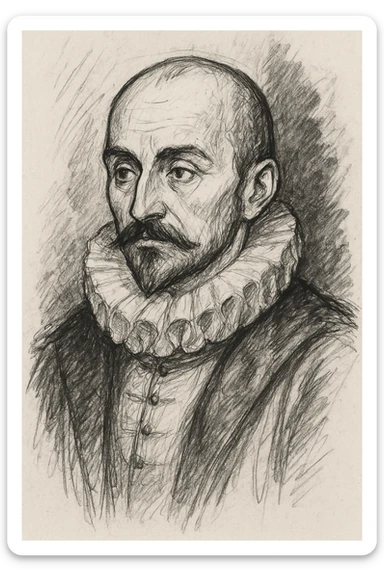make a less detailed portrait of Montaigne, the french philosopher, a black outline sticker
