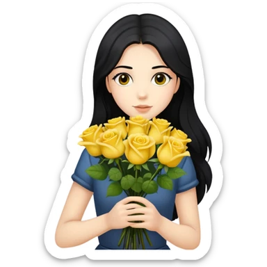 Beautiful girl with long black hair holding a bouquet of yellow roses sticker