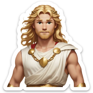 Cinematic Realistic Thor Portrait, head tilted playfully and inquisitively, showcasing his classical Greek god allure with a relaxed, yet commanding presence. His fair, radiant skin and flowing, wavy golden hair are highlighted by a gentle smile and twinkling, approachable eyes. Clad in a gracefully draped white toga with subtle golden embellishments, he exudes a lighthearted yet powerful charm under soft, natural lighting. sticker