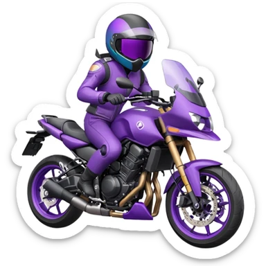 Créer un emoji avec une moto mt07 sport noir mate / violet iridescent très foncé. Avec une pilote dessus visière violet sombre faceless, bulle de la moto violet. Avec fond arrière violet sticker