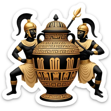 Cinematic-realistic Grecian urn, an exquisite black-figure pottery masterpiece resting in the dim glow of an ancient temple. Intricate golden depictions of two warrior fighting with spears and warriors encircle its curved form, telling timeless myths of heroism and tragedy.  sticker