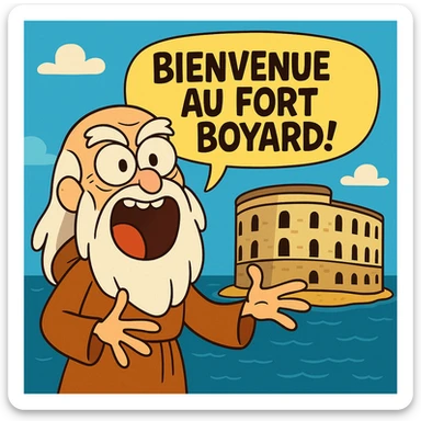 Père fouras  de fort boyard qui cri bienvenue au fort boyard // style enfantin dessin animé cartoons américain style gumball sticker