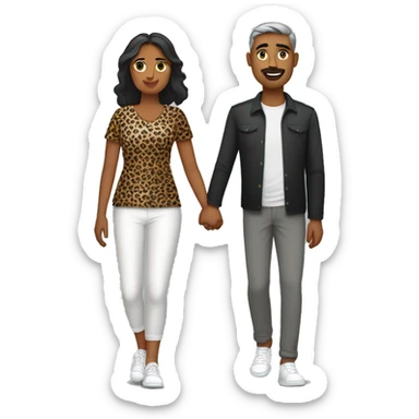 an indian couple, man and a woman holding hand. The man is wearing a black overshirt, a white tee shirt underneath, grey trousers and white trainers, the woman is wearing a leopard print dress sticker