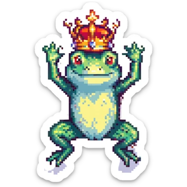pixel art crowned frog, jumping with crown slightly tilted sticker