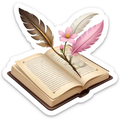 Icon for Poetry Reading: an open book with flowing verses on the pages, surrounded by a quill, ink bottle, and delicate flowers. The icon should evoke the beauty and emotion of poetry. Transparent background. sticker
