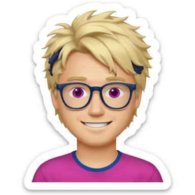 A blond guy with messy hair is smiling. He wear black and dark blue glasses and a fushia T-shirt.  sticker