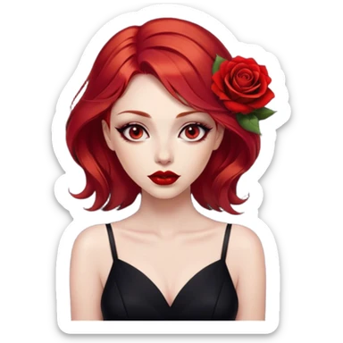 a beautiful very angry woman with red hair and red eyes. The woman wear a black little cutted dress. She have red lipstick and she have a seductive look. She have a rose flower in her hair sticker