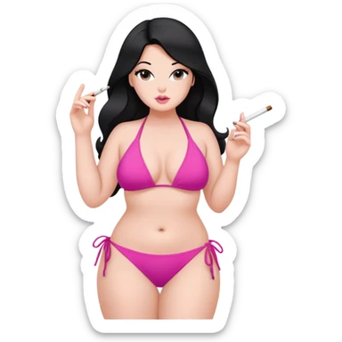 caucasian curvy girl smoking in pink bikini, long straight black hair, sfw pose sticker