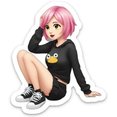 Full body Front view curvy emo girl pink hair sits on the floor straight view hands up black skirt белые трусики полосатые рваные чулки sticker